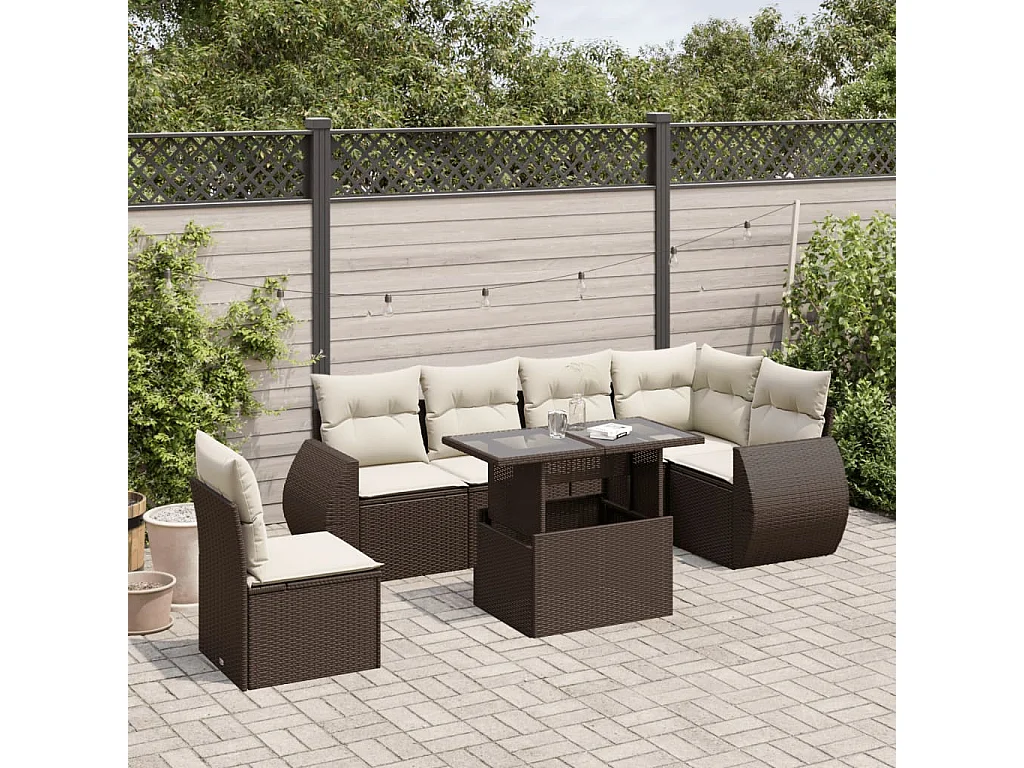 7-delige Loungeset met kussens poly rattan bruin