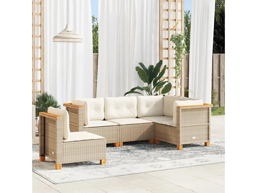 5-delige Loungeset met kussens poly rattan beige