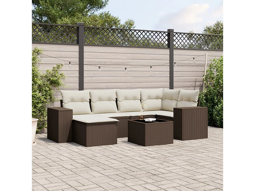 7-delige Loungeset met kussens poly rattan bruin