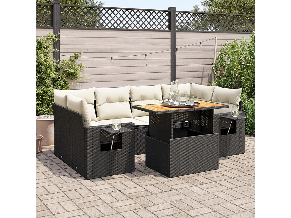 7-delige Loungeset met kussens poly rattan zwart