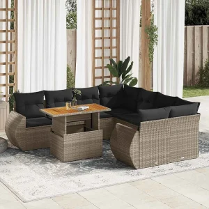 9-delige Loungeset met kussens poly rattan grijs 9-delige Loungeset met kussens poly rattan grijs