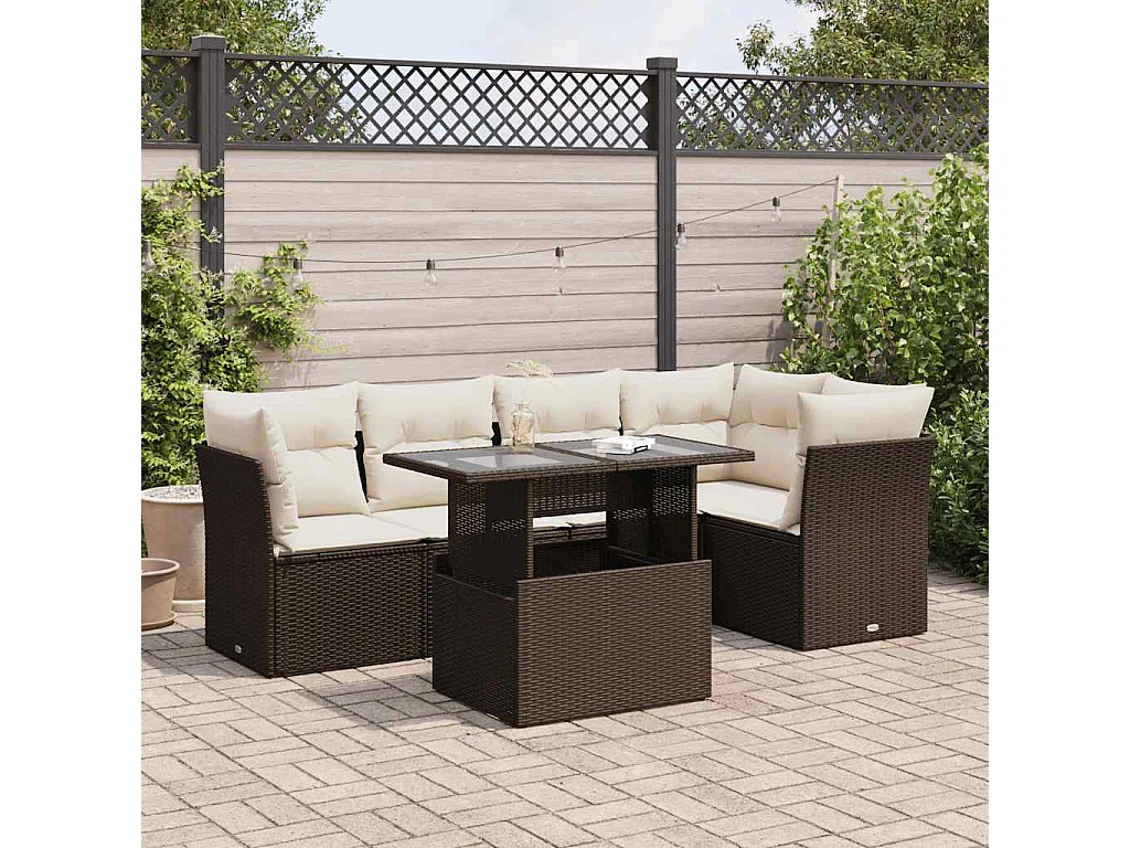 6-delige Loungeset met kussens poly rattan bruin