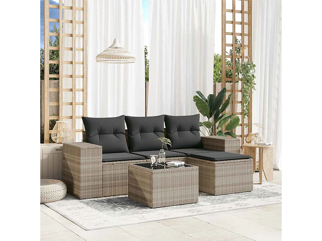 5-delige Loungeset met kussens poly rattan lichtgrijs