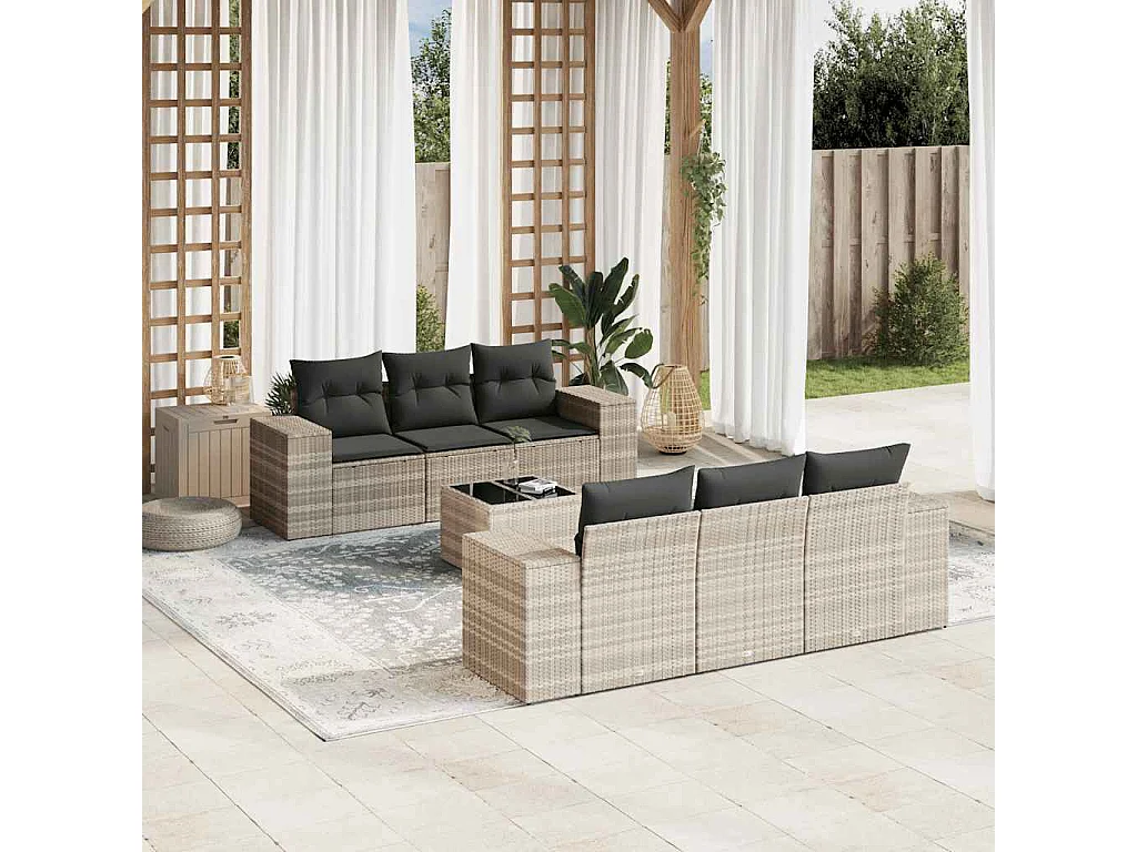 7-delige Loungeset met kussens poly rattan lichtgrijs