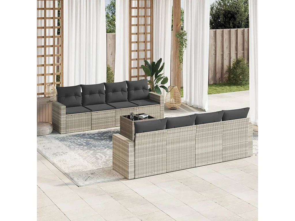 9-delige Loungeset met kussens poly rattan lichtgrijs