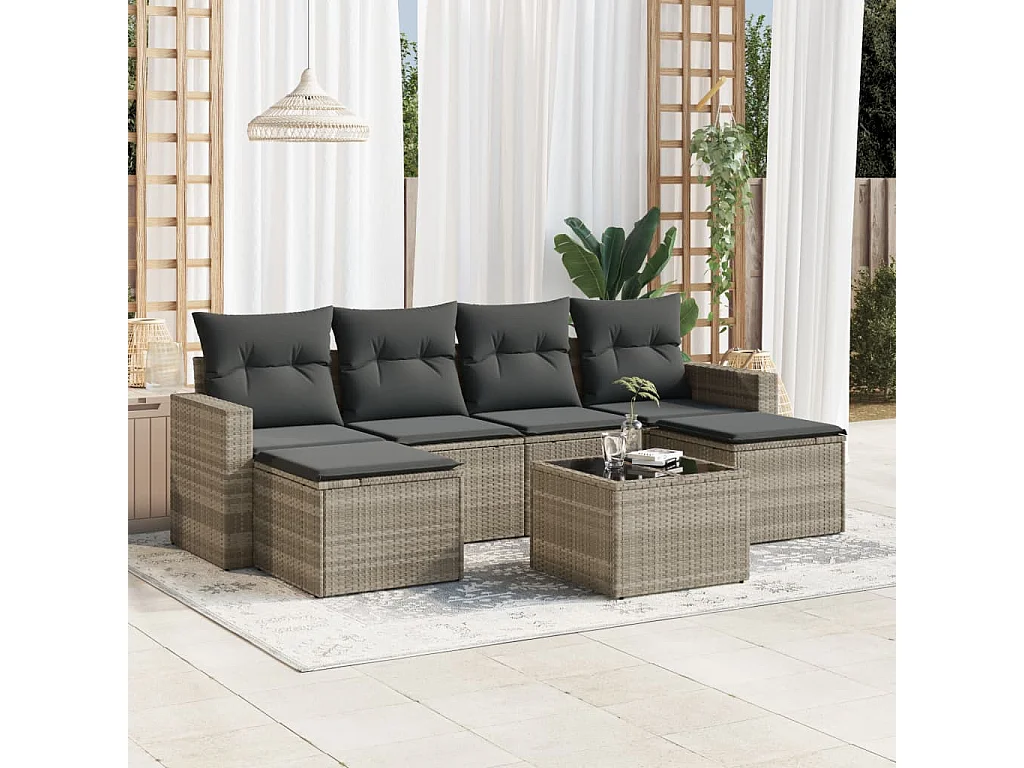 7-delige Loungeset met kussens poly rattan lichtgrijs