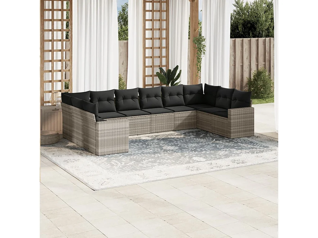 10-delige Loungeset met kussens poly rattan lichtgrijs