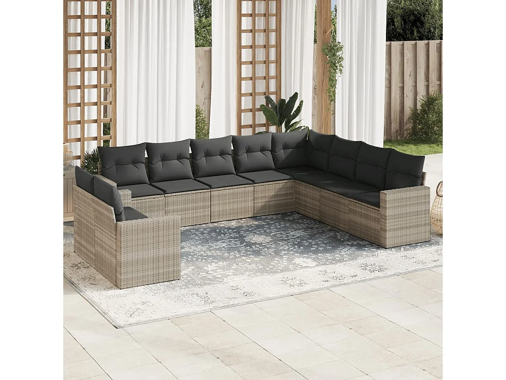 10-delige Loungeset met kussens poly rattan lichtgrijs
