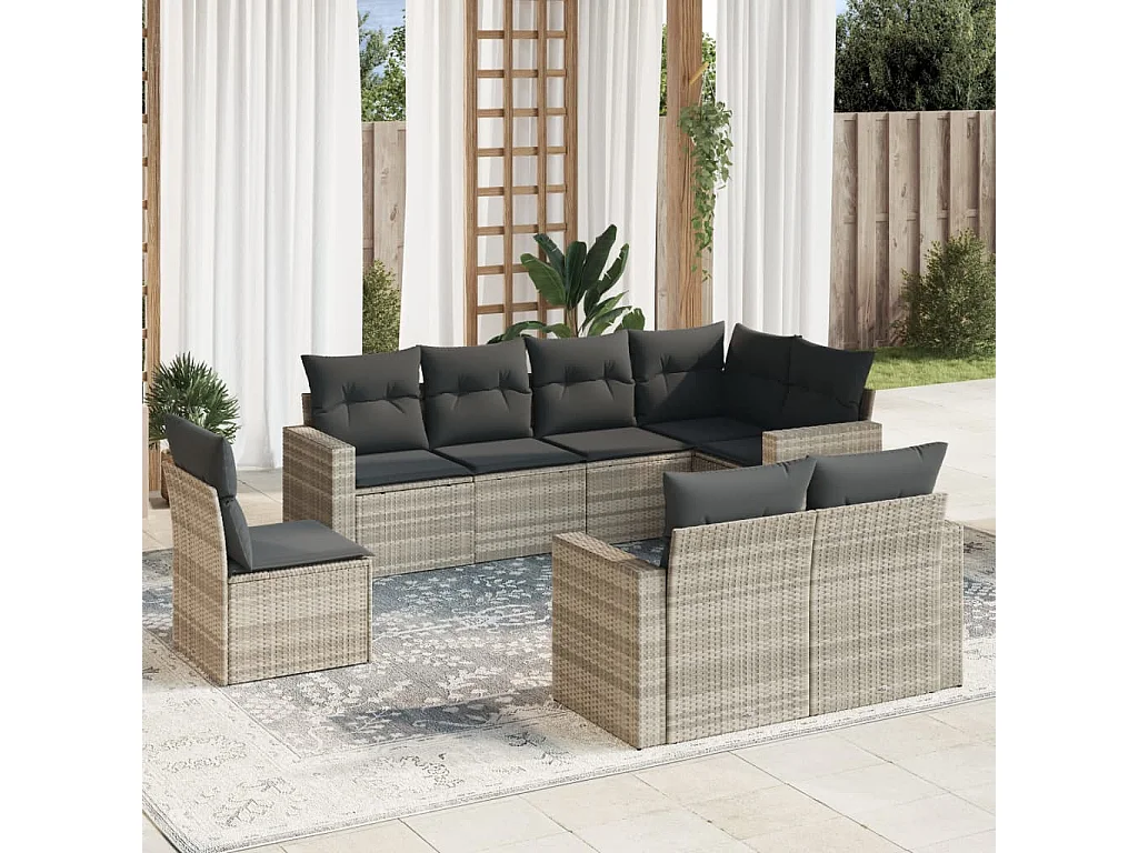 8-delige Loungeset met kussens poly rattan lichtgrijs