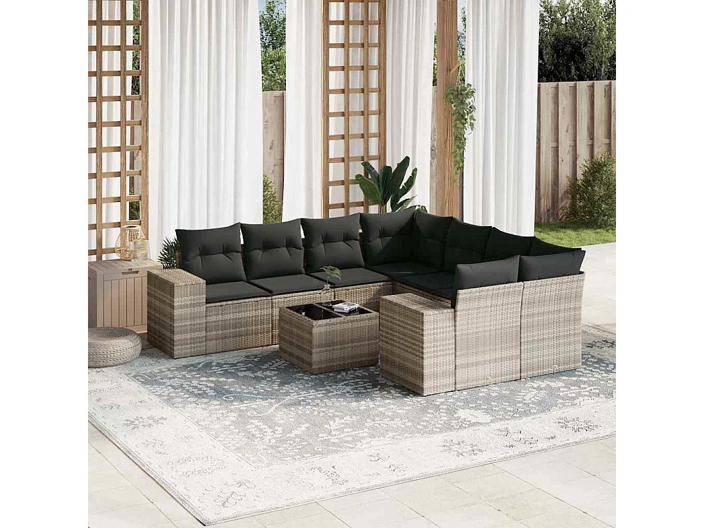 9-delige Loungeset met kussens poly rattan lichtgrijs
