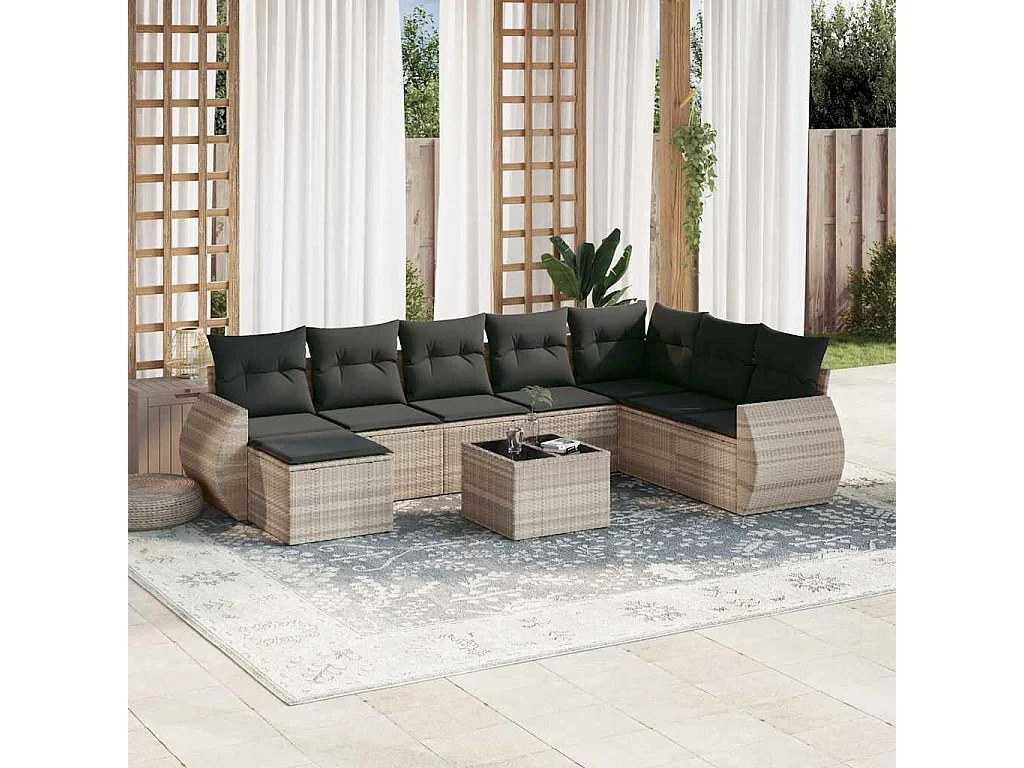 9-delige Loungeset met kussens poly rattan lichtgrijs