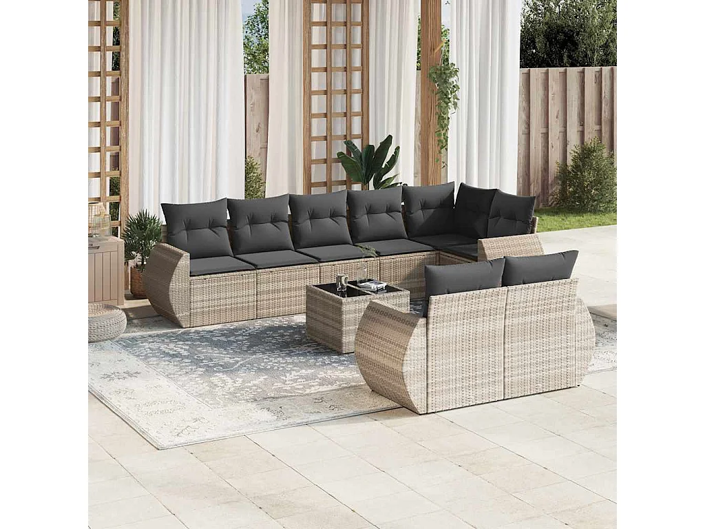 9-delige Loungeset met kussens poly rattan lichtgrijs