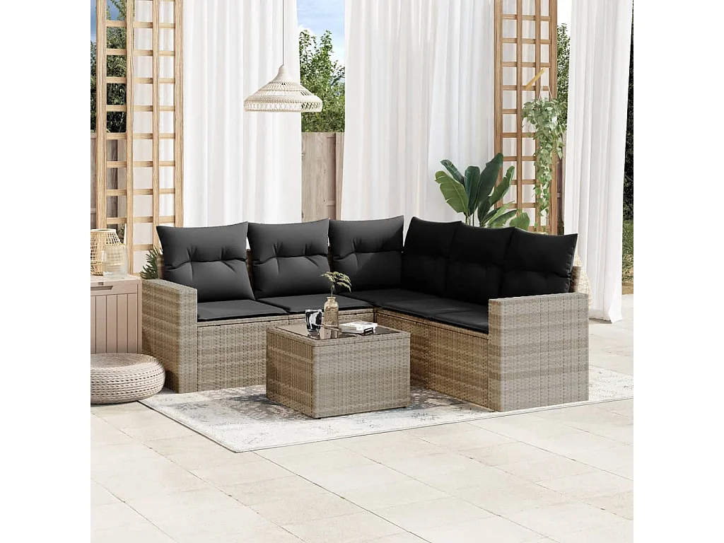 6-delige Loungeset met kussens poly rattan lichtgrijs