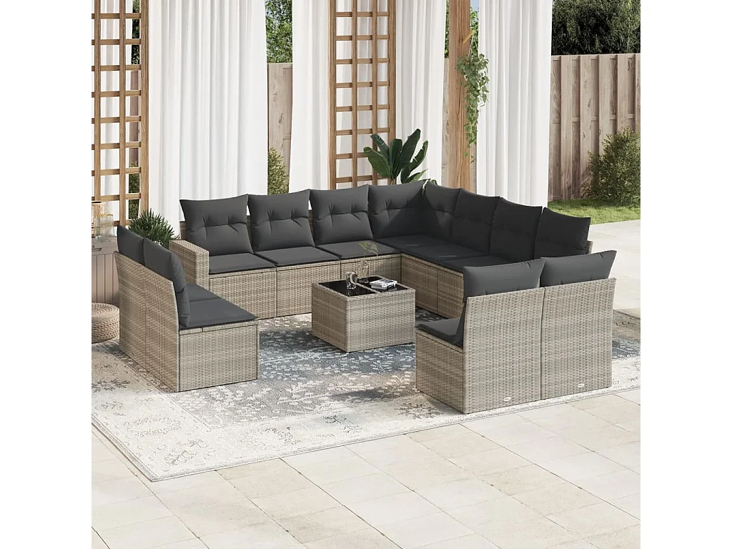 12-delige Loungeset met kussens poly rattan lichtgrijs