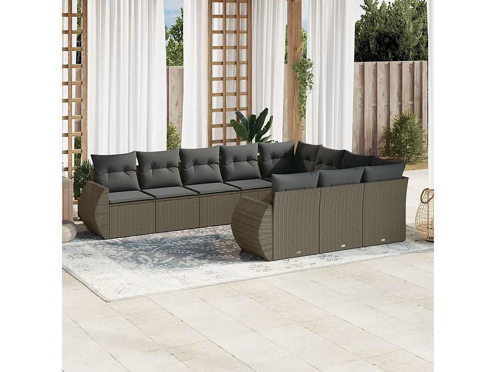 10-delige Loungeset met kussens poly rattan lichtgrijs
