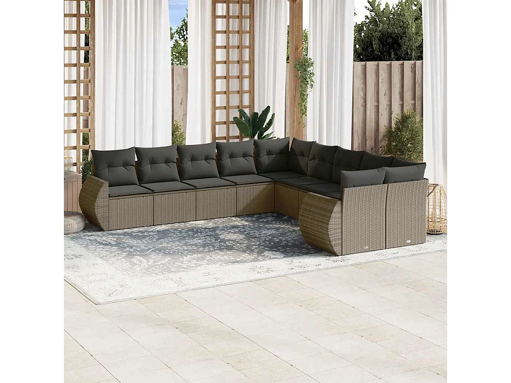 10-delige Loungeset met kussens poly rattan lichtgrijs