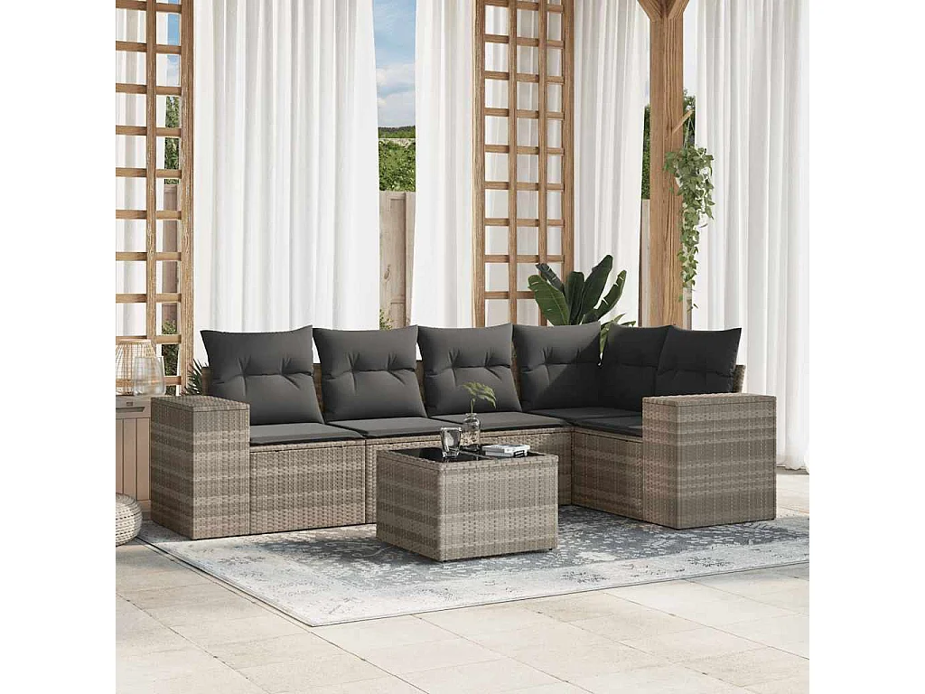 6-delige Loungeset met kussens poly rattan lichtgrijs