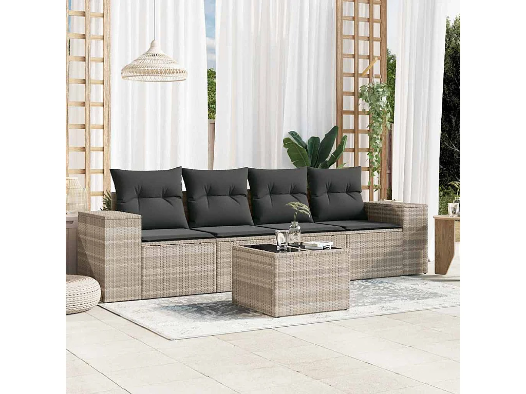 5-delige Loungeset met kussens poly rattan lichtgrijs