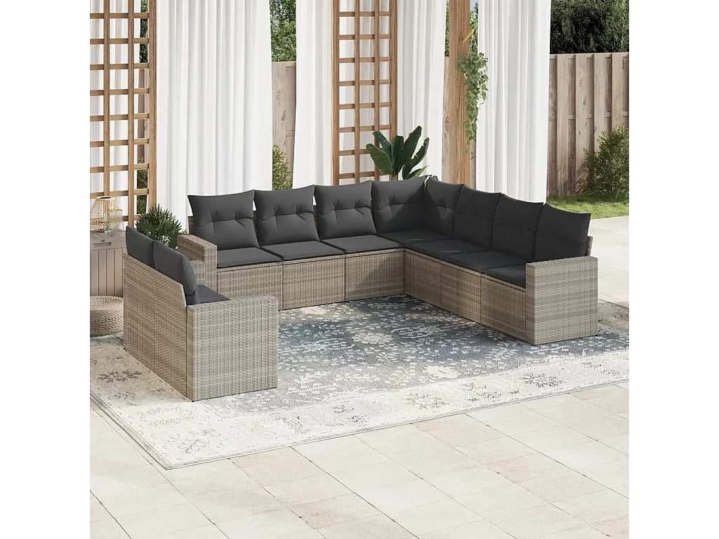 9-delige Loungeset met kussens poly rattan lichtgrijs
