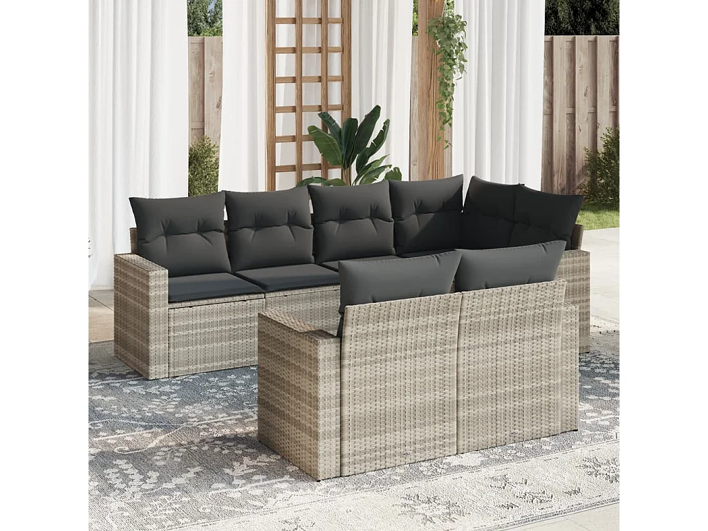 7-delige Loungeset met kussens poly rattan lichtgrijs