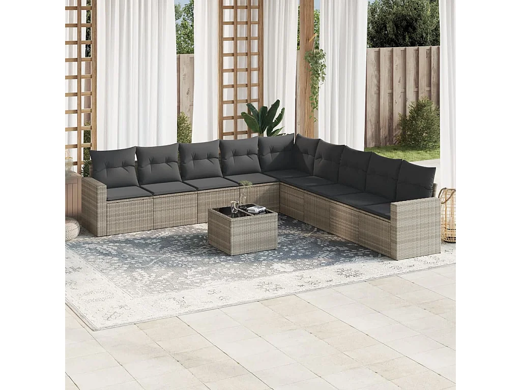 10-delige Loungeset met kussens poly rattan lichtgrijs