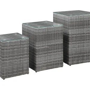 3-delige Bijzettafelset met glazen blad poly rattan grijs 3-delige Bijzettafelset met glazen blad poly rattan grijs