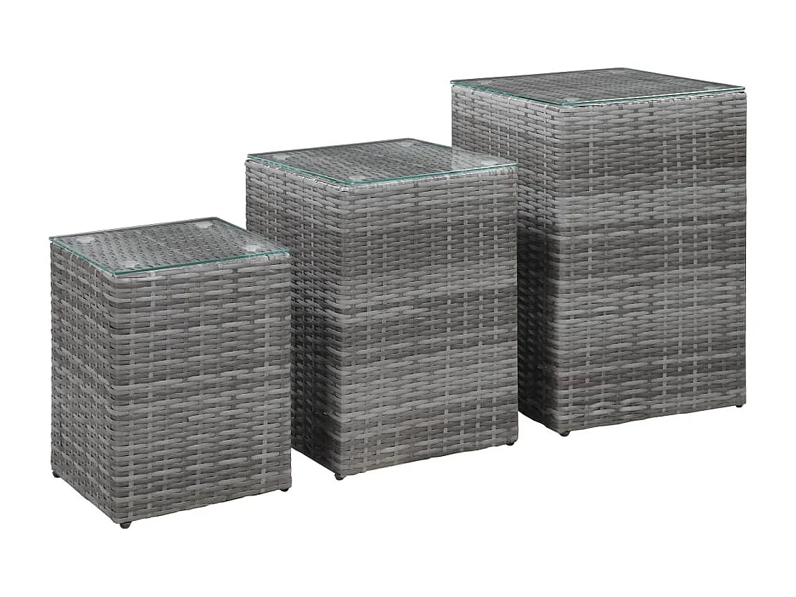 3-delige Bijzettafelset met glazen blad poly rattan grijs