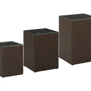 3-delige Bijzettafelset met glazen blad poly rattan bruin 3-delige Bijzettafelset met glazen blad poly rattan bruin