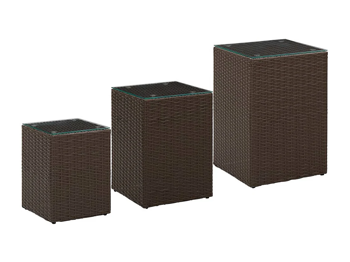3-delige Bijzettafelset met glazen blad poly rattan bruin