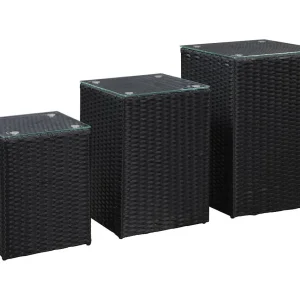 3-delige Bijzettafelset met glazen blad poly rattan zwart