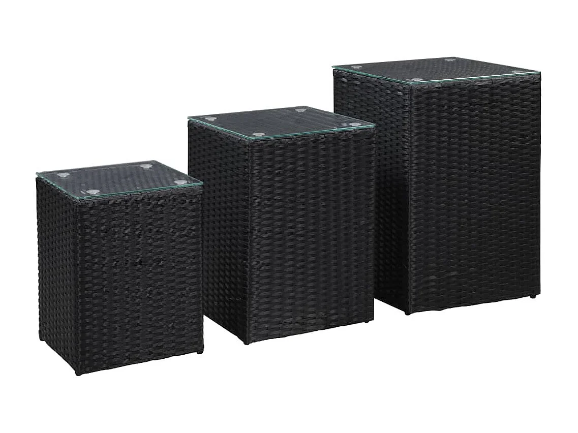 3-delige Bijzettafelset met glazen blad poly rattan zwart