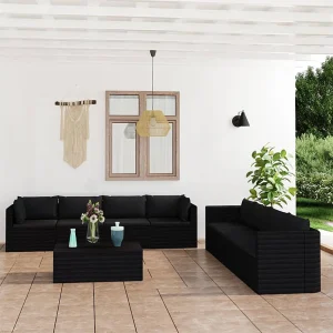 9-delige Loungeset met kussens poly rattan zwart 9-delige Loungeset met kussens poly rattan zwart