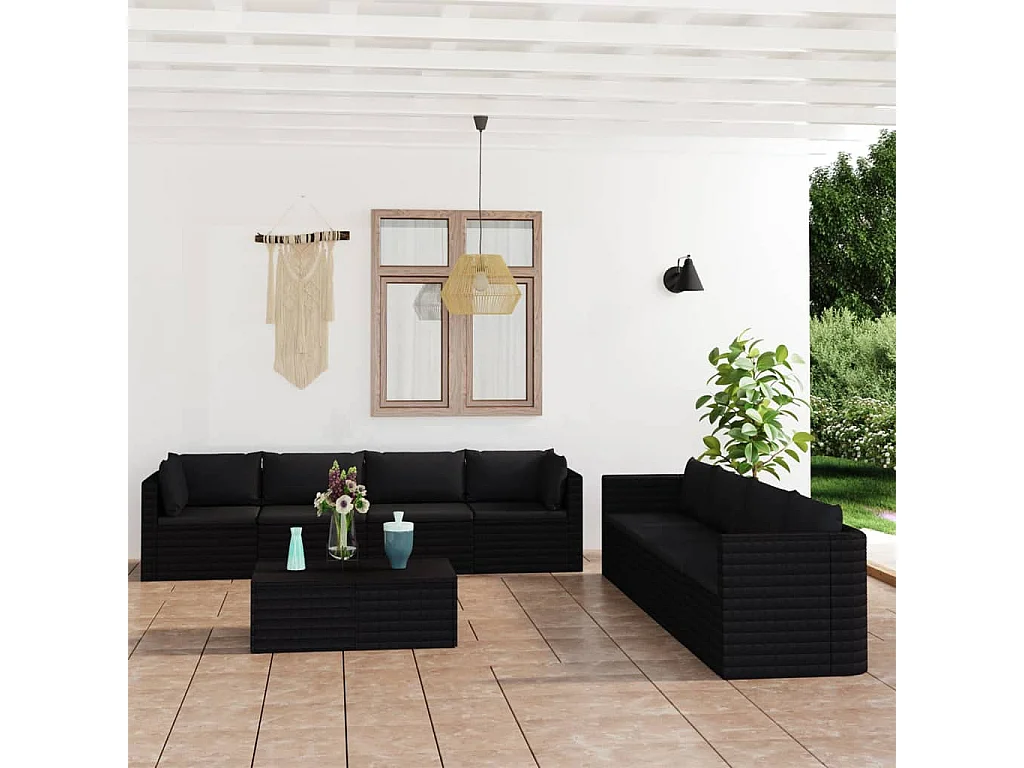 9-delige Loungeset met kussens poly rattan zwart