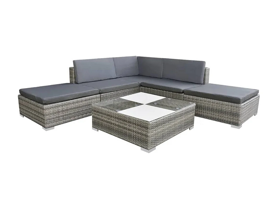 6-delige Loungeset met kussens poly rattan grijs