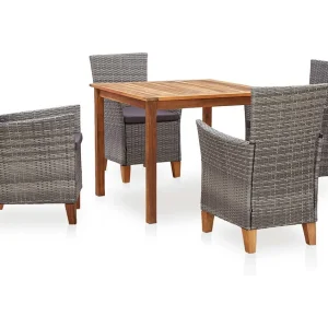 5-delige Eethoek poly rattan en massief acaciahout grijs