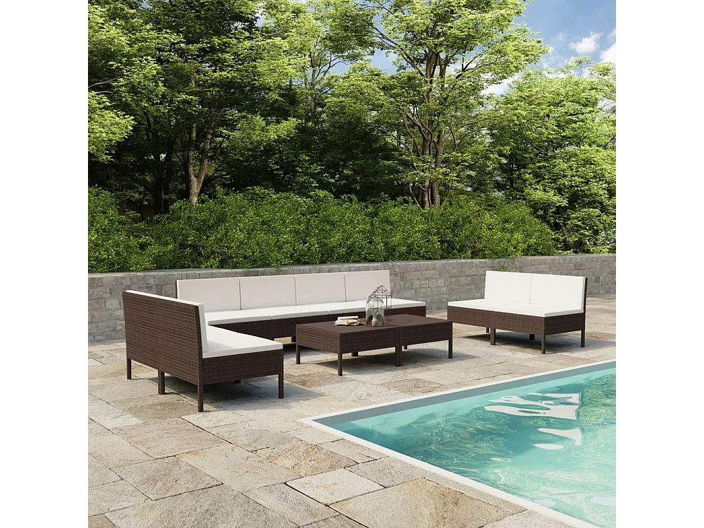 10-delige Loungeset met kussens poly rattan bruin