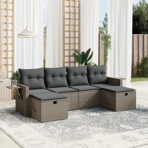 6-delige Loungeset met kussens poly rattan grijs 6-delige Loungeset met kussens poly rattan grijs