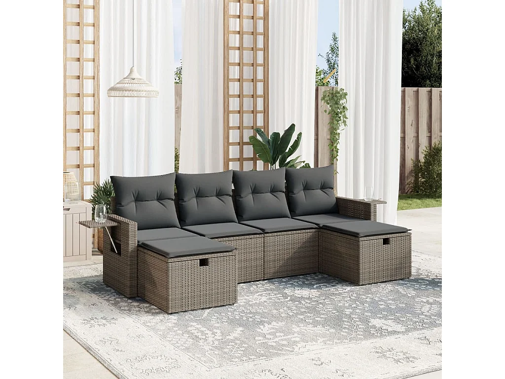 6-delige Loungeset met kussens poly rattan grijs