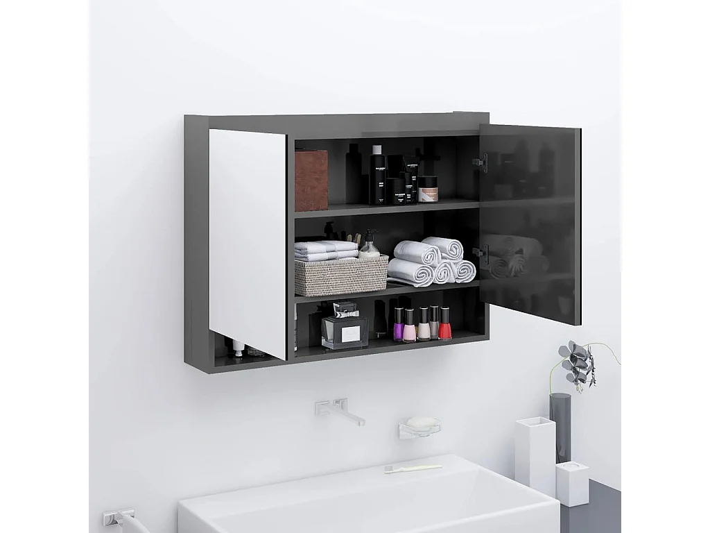 Badkamerkast met spiegel 80x15x60 cm MDF glanzend grijs