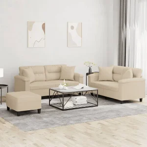 3-delige Loungeset met kussens microvezelstof crèmekleurig 3-delige Loungeset met kussens microvezelstof crèmekleurig