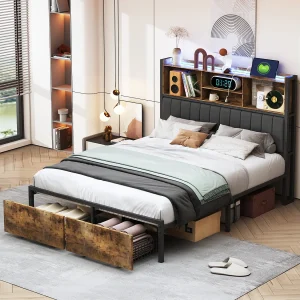 160*200CM ijzeren houten bed, zachte sprei en LED-lichtstrip, met USB-aansluiting, dubbele lades, massief houten kleur