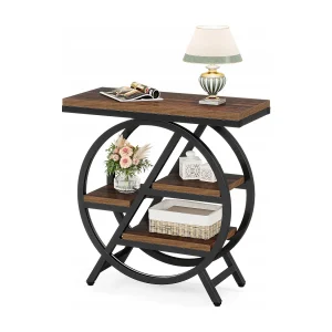 3-laags smalle bijzettafel voor de woonkamer, houten bijzettafel met geometrisch metalen frame 3-laags smalle bijzettafel voor de woonkamer, houten bijzettafel met geometrisch metalen frame