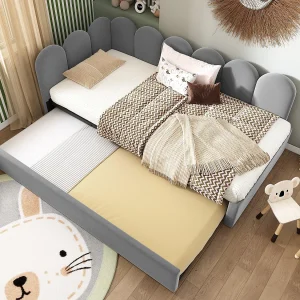 Bankbed 90×200 cm – met nestbed 90×190 cm – fluweelstof – Grijs