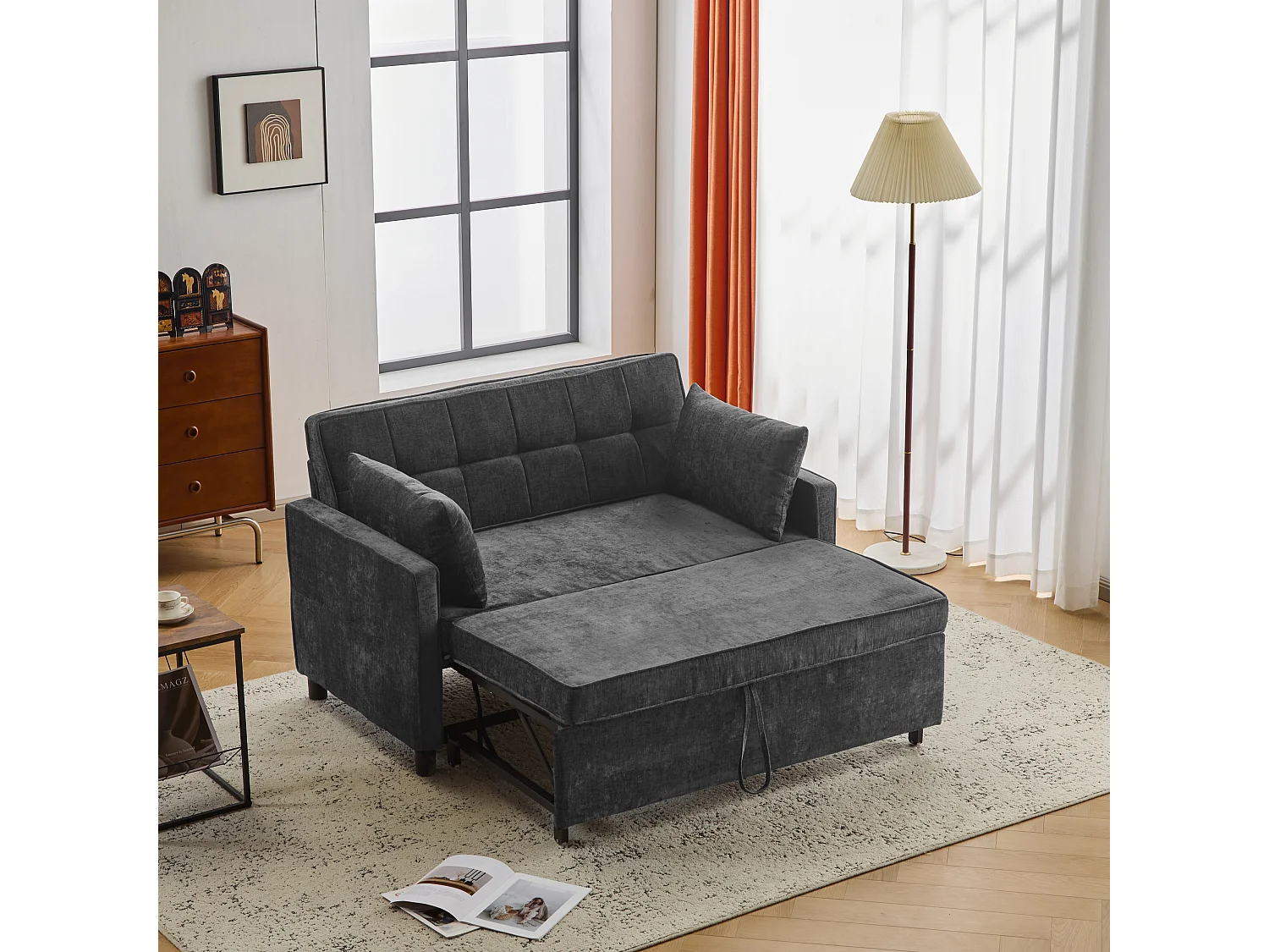 2-zits slaapbank, opvouwbare slaapbank in chenillestof - 142 x 79/174 x 85 cm - met slaapfunctie en verstelbare rugleuning - Zwart