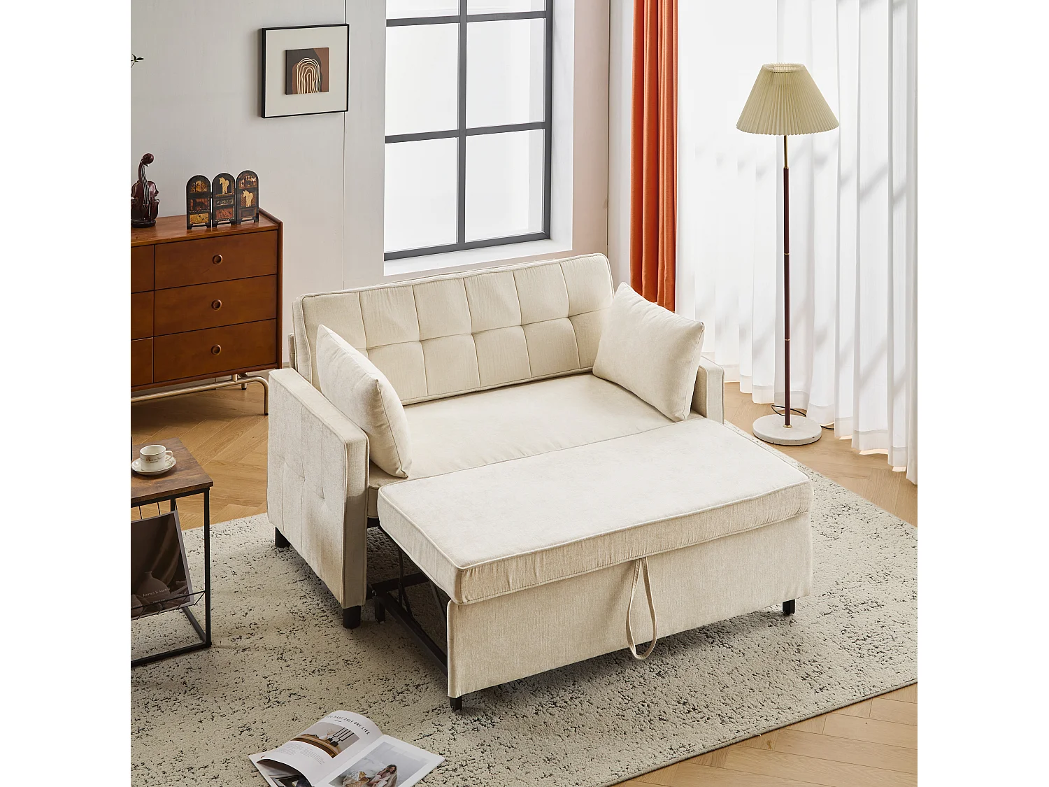 2-zits slaapbank, opvouwbare slaapbank in Chenille-stof - 142 x 79/174 x 85 cm - met slaapfunctie en verstelbare rugleuning - Beige