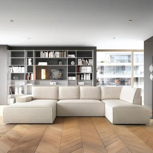 Grote, panoramische slaapbank met hoek links in beige textuurstof AMELIA Grote, panoramische slaapbank met hoek links in beige textuurstof AMELIA