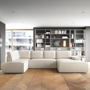 Grote, panoramische slaapbank met hoek rechts in beige textuurstof AMELIA Grote, panoramische slaapbank met hoek rechts in beige textuurstof AMELIA