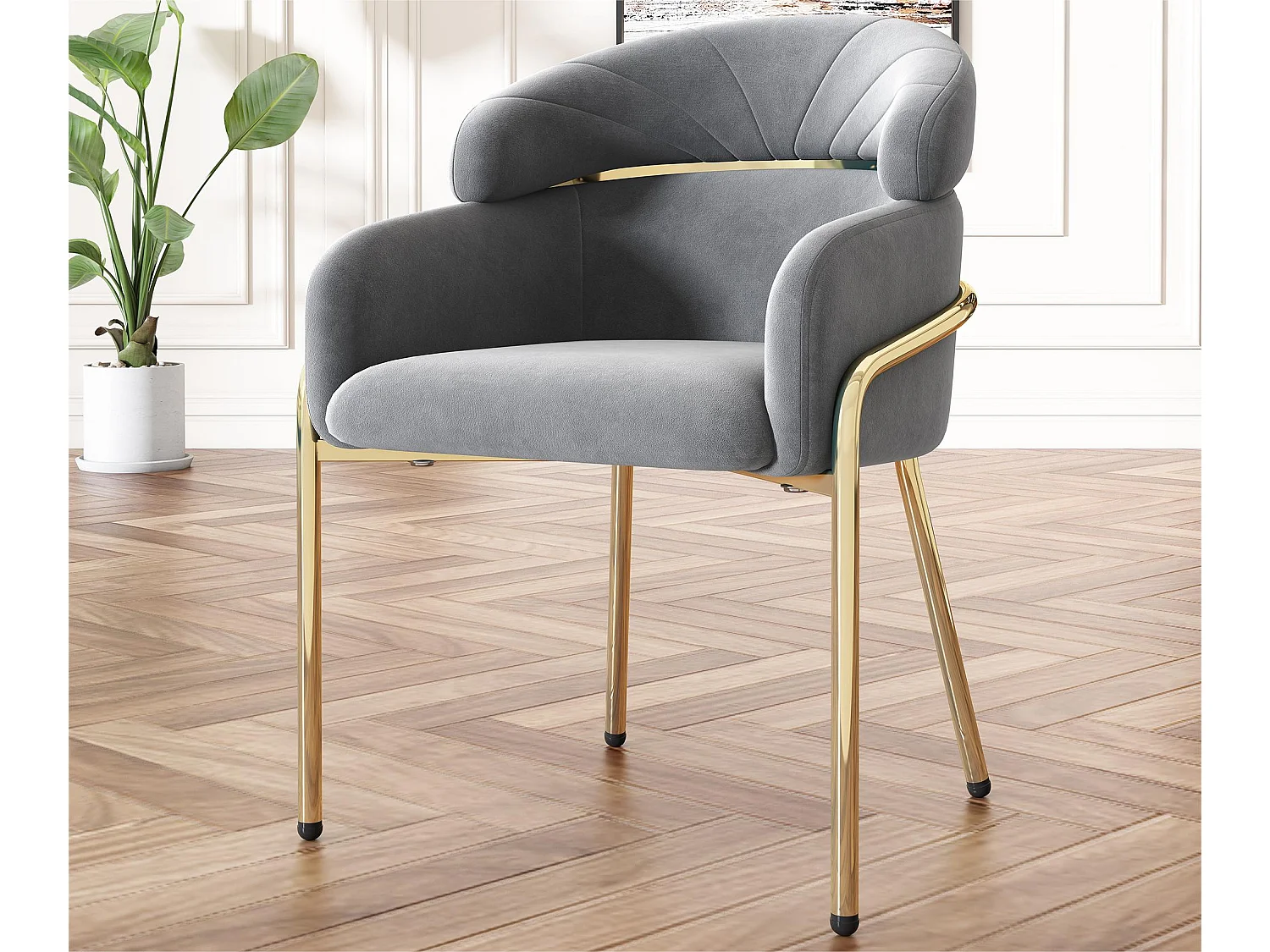 1 Fauteuil fluweel – met 4 goud metalen poten – Grijs