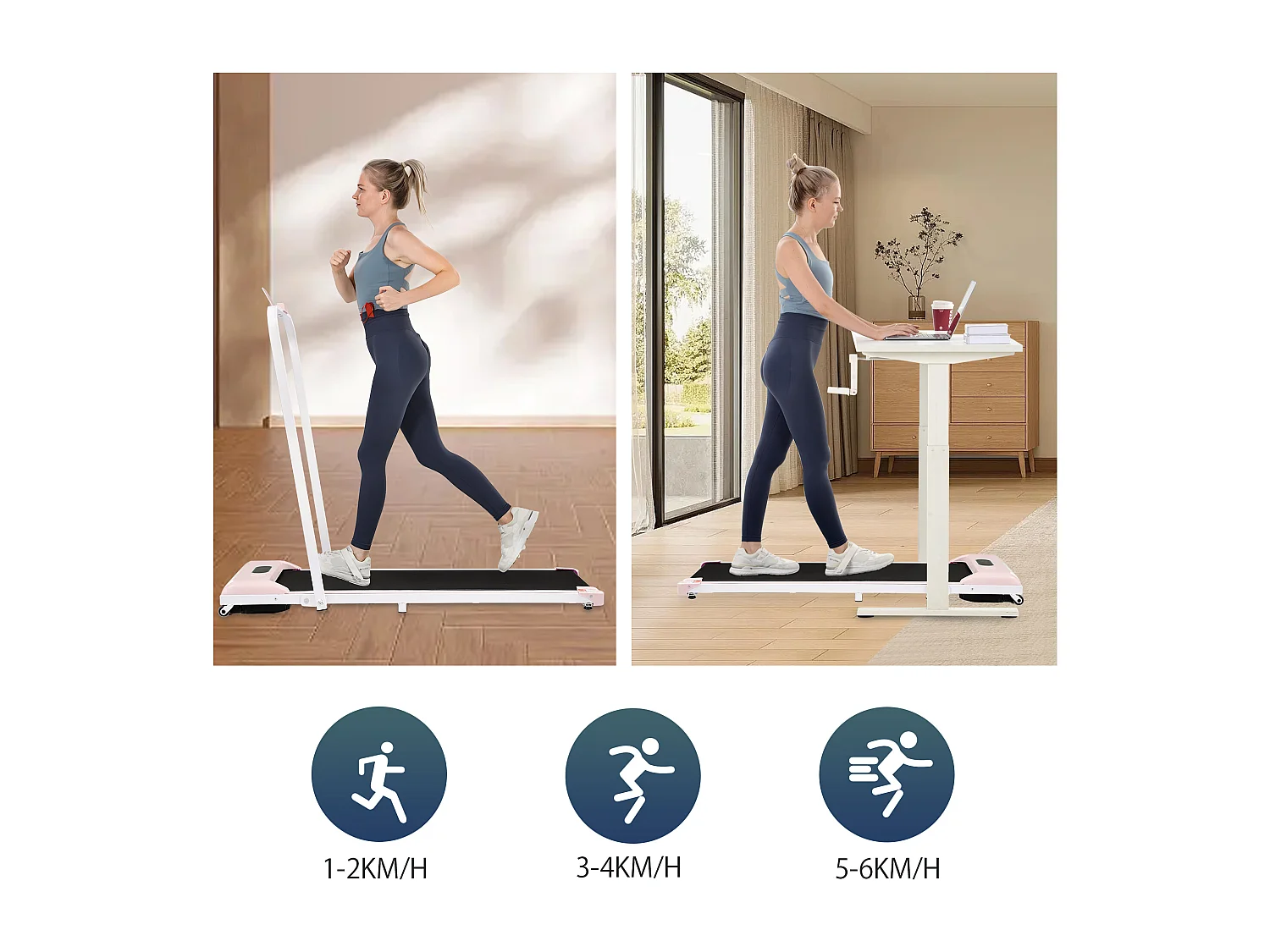 2 in 1 opvouwbare loopband, snelheid 1-6 km/u met afstandsbediening, LED-display Bluetooth-luidspreker roze