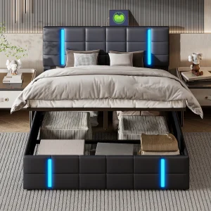 160*200 cm opbergbed, luchtbed, met LED, twee USB-interfaces, zwart, PU